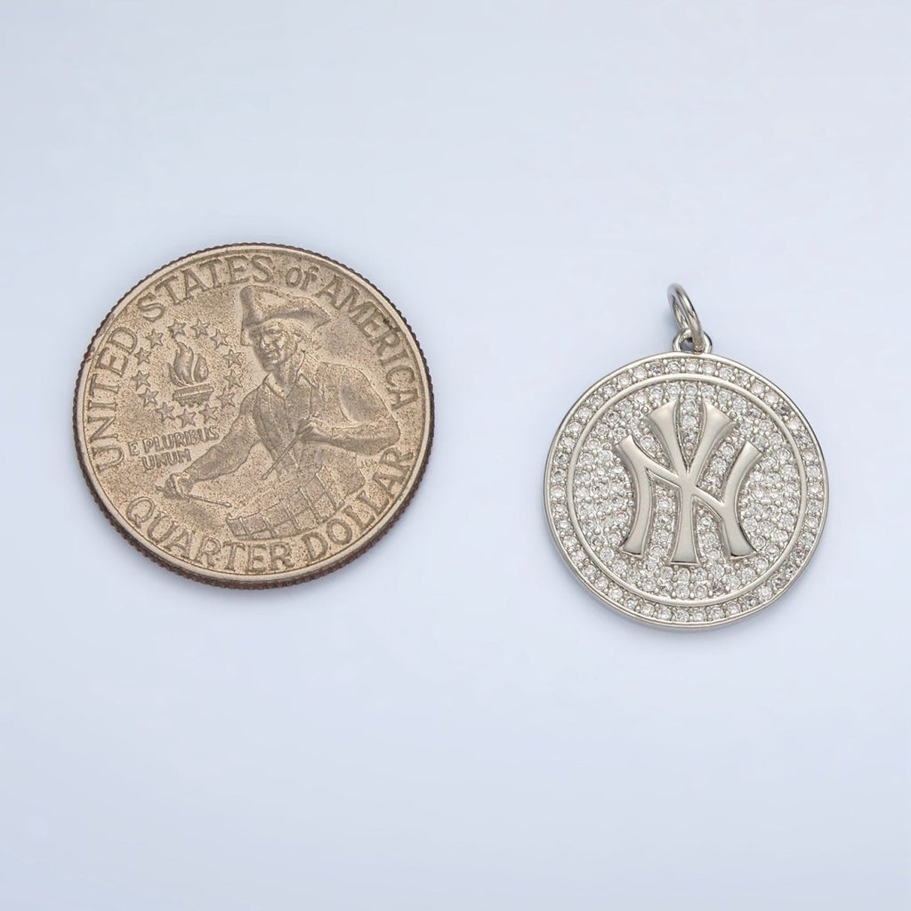 White Gold plated New York Script Micro Paved CZ Round Charm | AG867 - DLUXCA