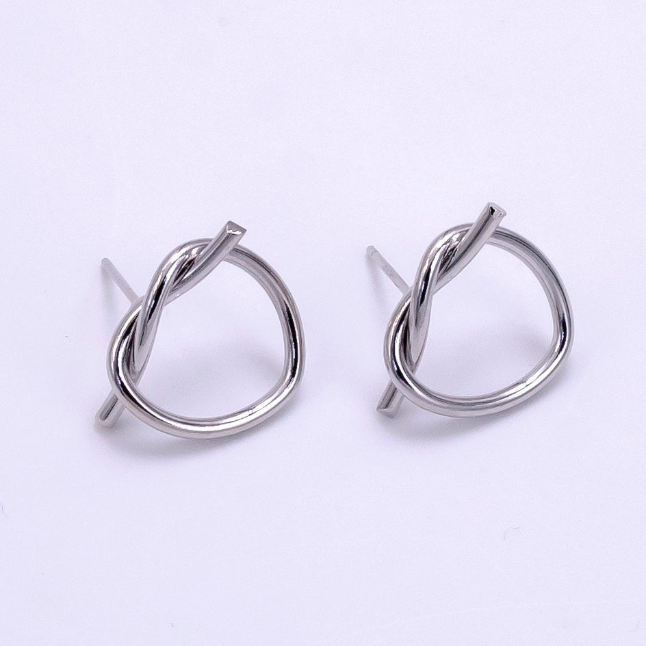 White Gold plated Open Heart Tied Knot Minimalist Stud Earrings | AB1276 - DLUXCA