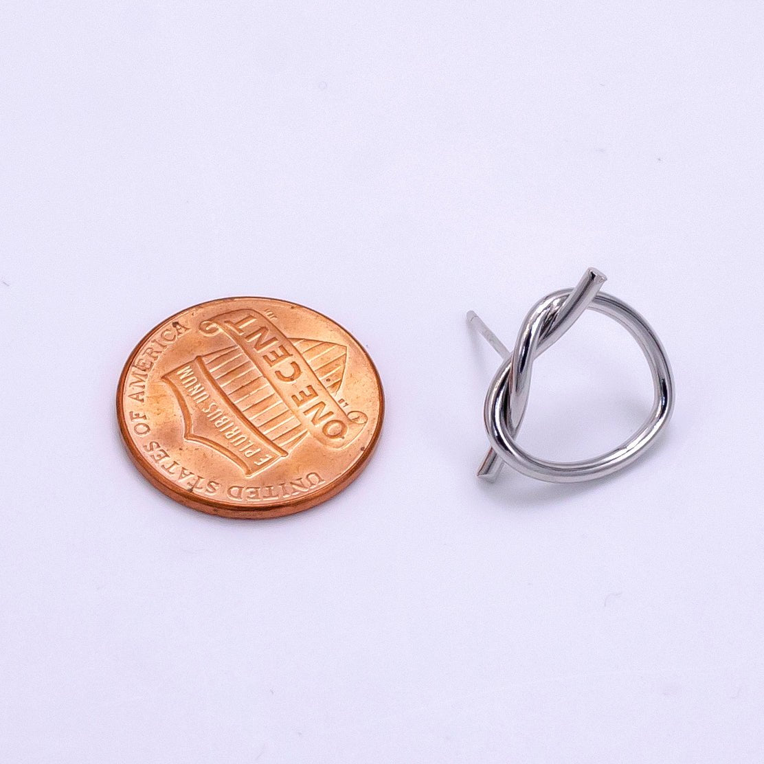 White Gold plated Open Heart Tied Knot Minimalist Stud Earrings | AB1276 - DLUXCA