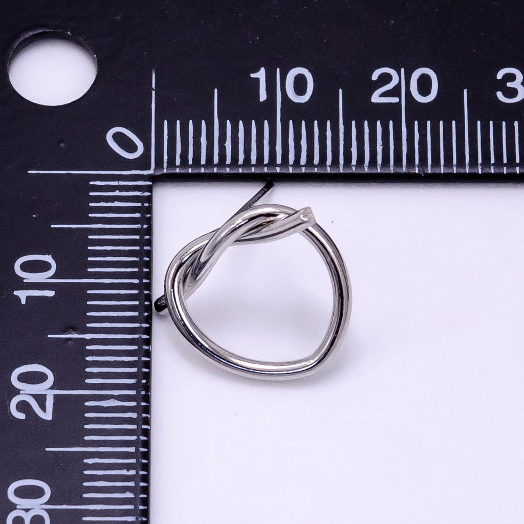 White Gold plated Open Heart Tied Knot Minimalist Stud Earrings | AB1276 - DLUXCA