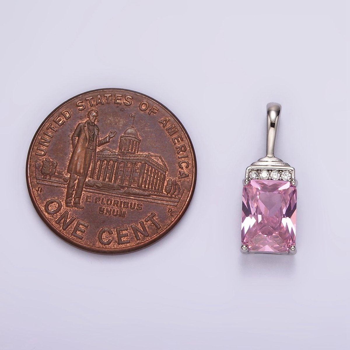 White Gold plated Pink Baguette Micro Paved CZ Bail Pendant | AA1126 - DLUXCA