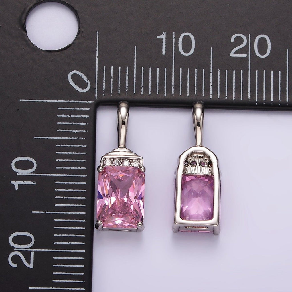 White Gold plated Pink Baguette Micro Paved CZ Bail Pendant | AA1126 - DLUXCA