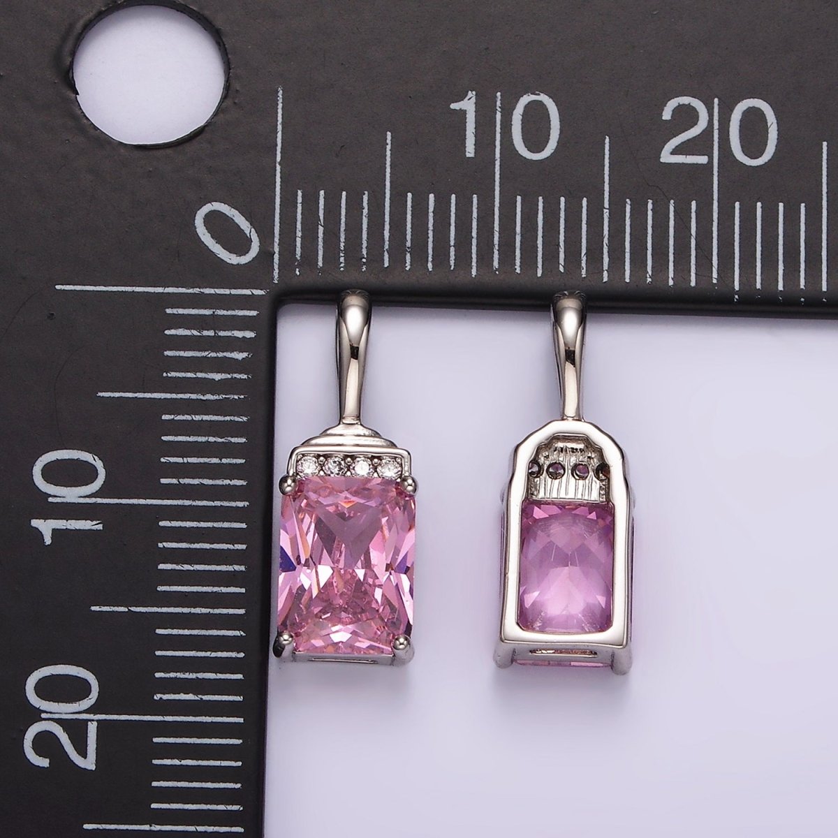 White Gold plated Pink Baguette Micro Paved CZ Bail Pendant | AA1126 - DLUXCA