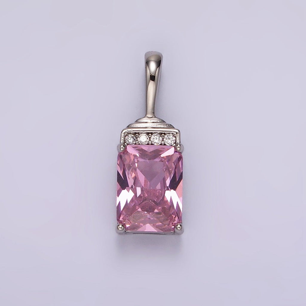 White Gold plated Pink Baguette Micro Paved CZ Bail Pendant | AA1126 - DLUXCA