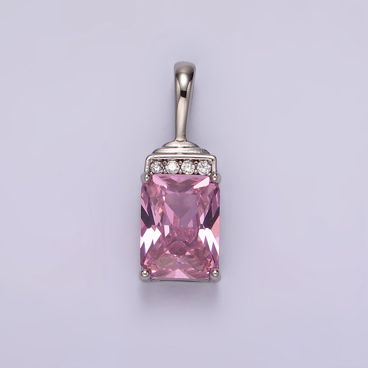 White Gold plated Pink Baguette Micro Paved CZ Bail Pendant | AA1126 - DLUXCA