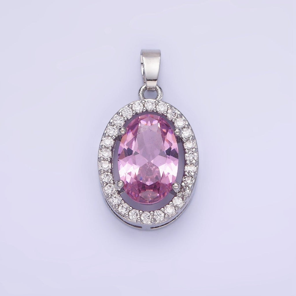 White Gold plated Pink CZ Oval Micro Paved Pendant | AA1168 - DLUXCA