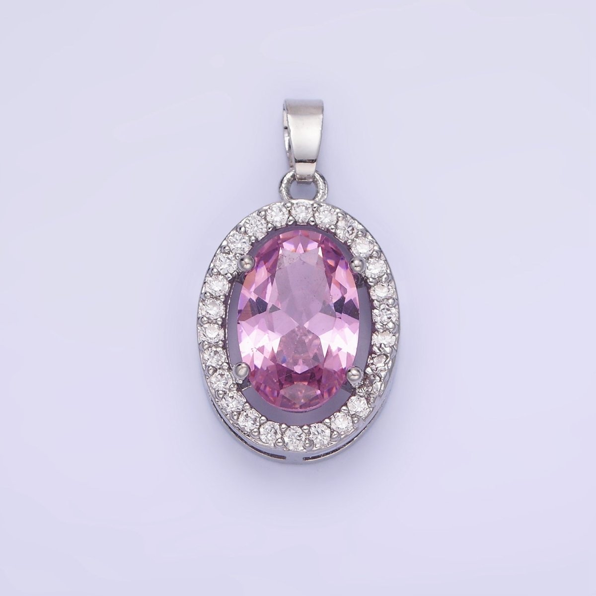 White Gold plated Pink CZ Oval Micro Paved Pendant | AA1168 - DLUXCA