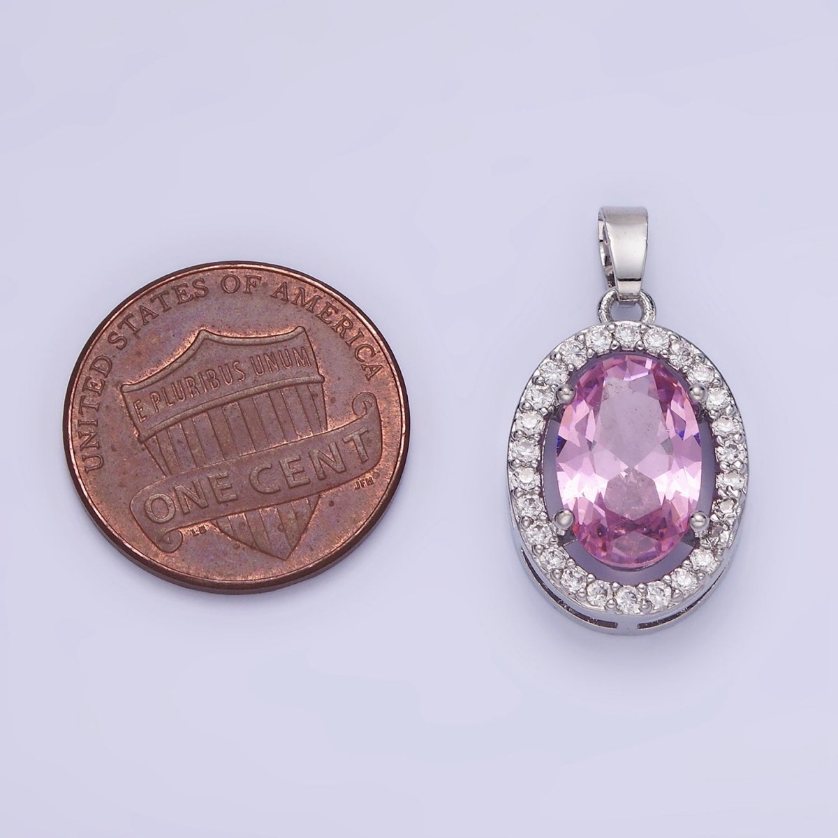 White Gold plated Pink CZ Oval Micro Paved Pendant | AA1168 - DLUXCA