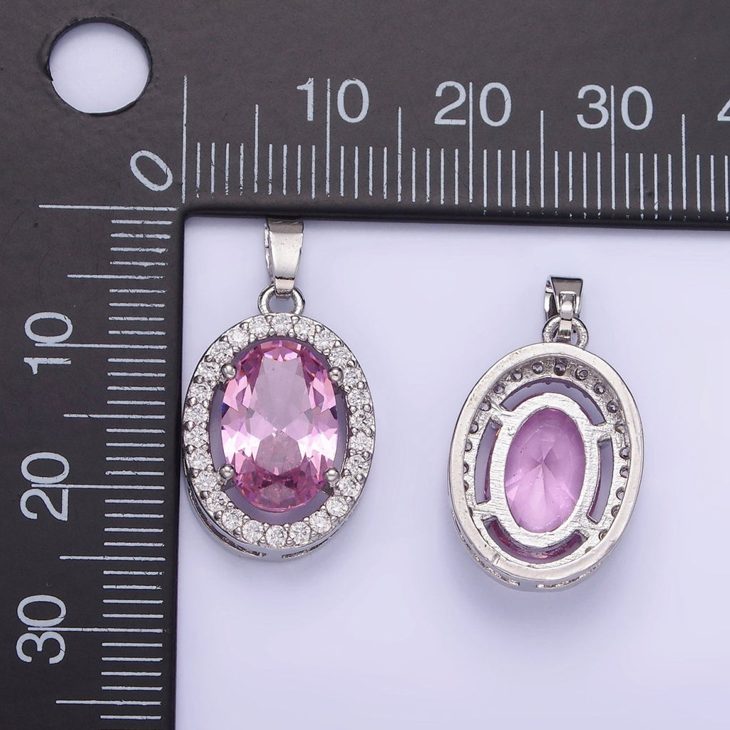 White Gold plated Pink CZ Oval Micro Paved Pendant | AA1168 - DLUXCA