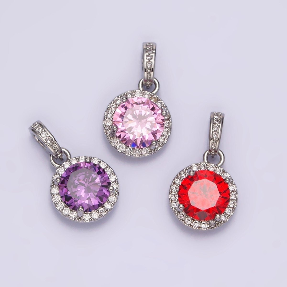White Gold plated Pink, Purple, Red Round Micro Paved CZ Bail Pendant | N1813 - N1815