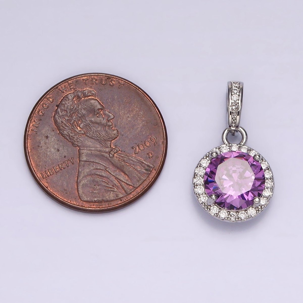 White Gold plated Pink, Purple, Red Round Micro Paved CZ Bail Pendant | N1813 - N1815