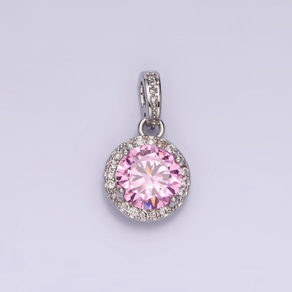 White Gold plated Pink, Purple, Red Round Micro Paved CZ Bail Pendant | N1813 - N1815