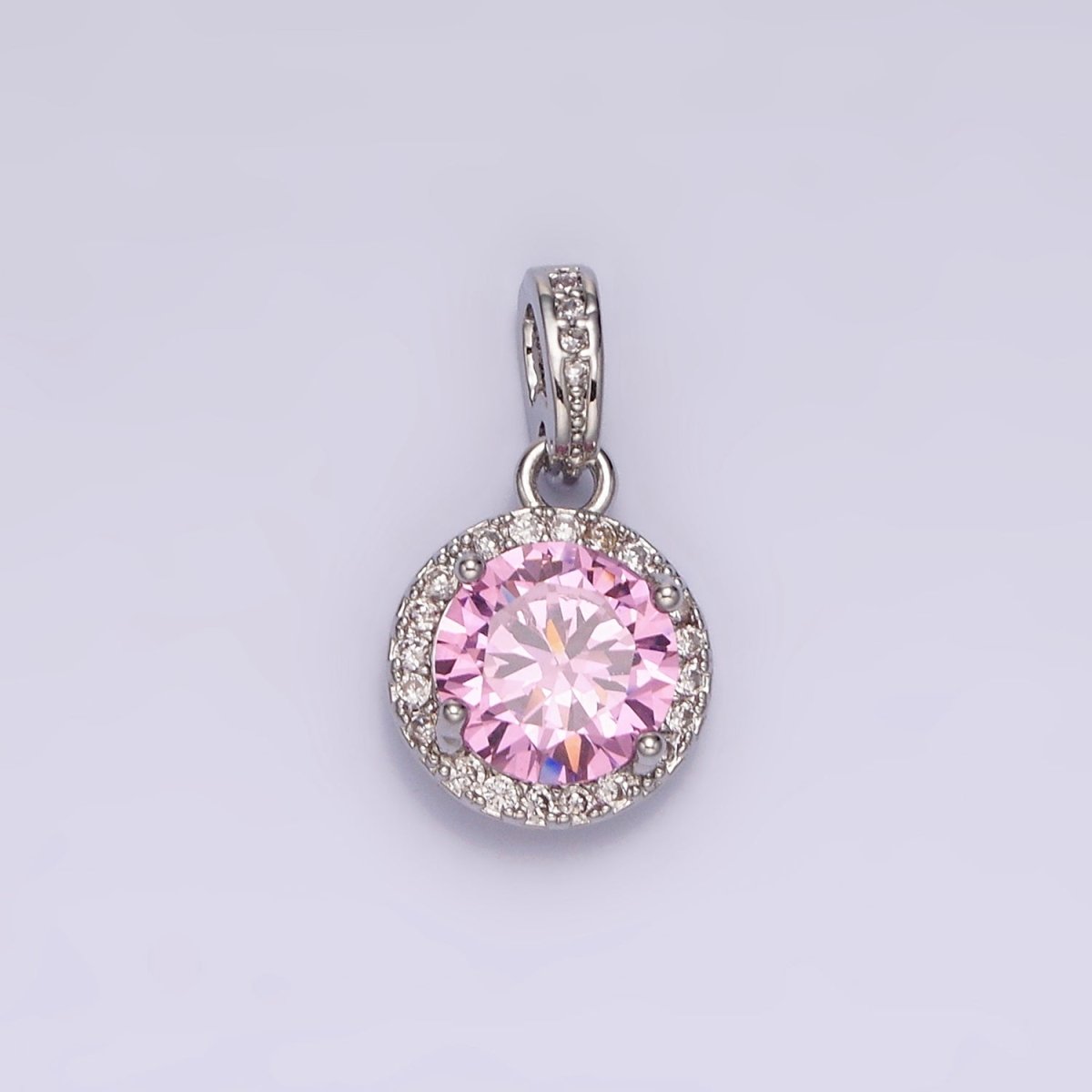 White Gold plated Pink, Purple, Red Round Micro Paved CZ Bail Pendant | N1813 - N1815