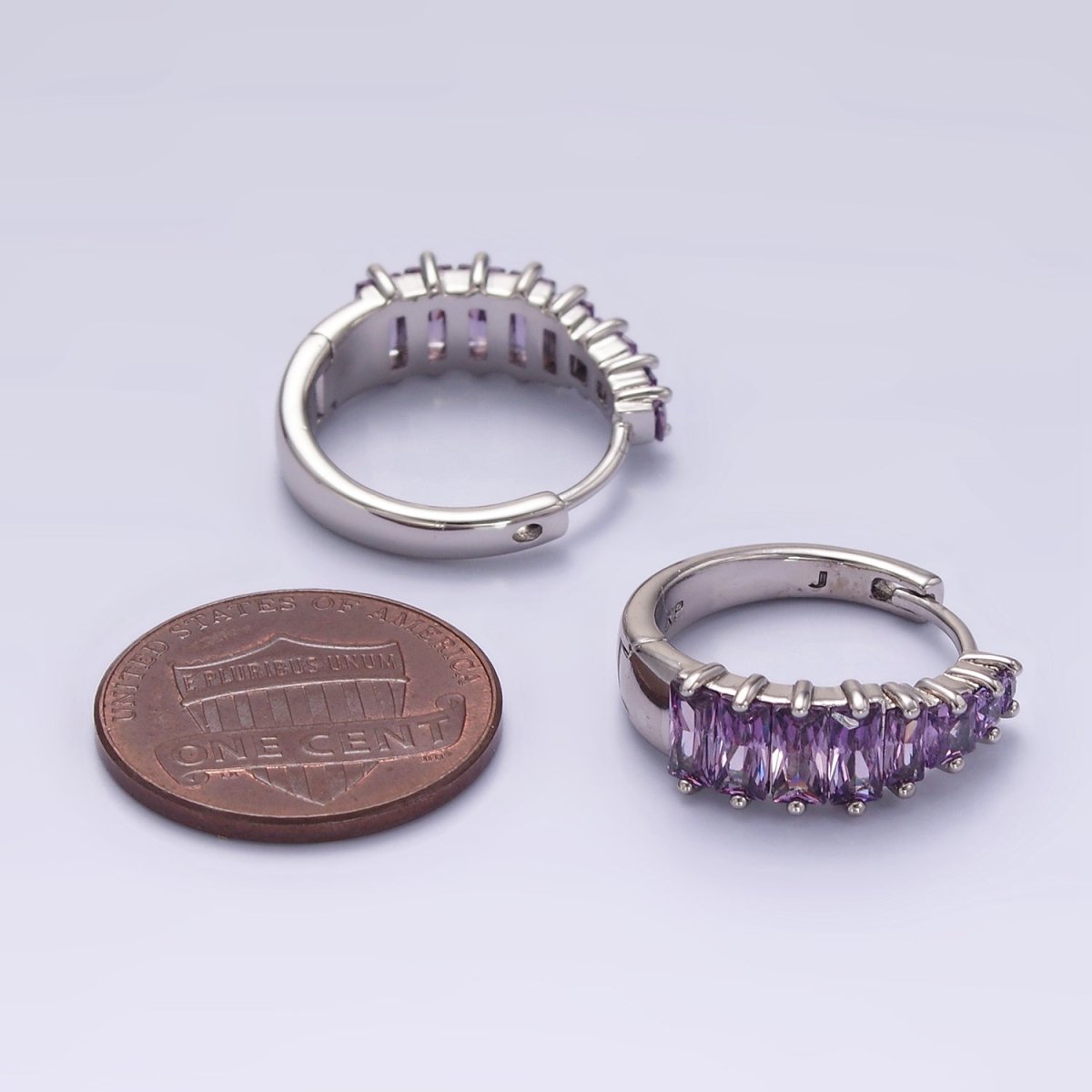 White Gold plated Purple Baguette Lined 20mm Huggie Earrings | Q254 - DLUXCA