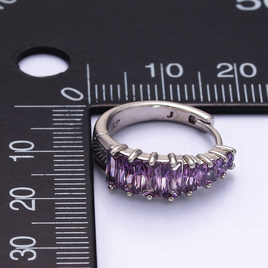 White Gold plated Purple Baguette Lined 20mm Huggie Earrings | Q254 - DLUXCA