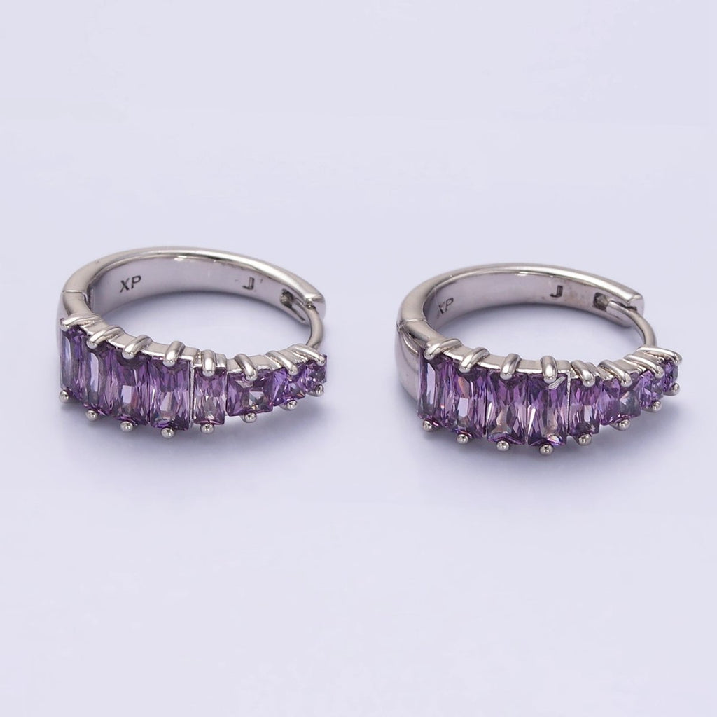 White Gold plated Purple Baguette Lined 20mm Huggie Earrings | Q254 - DLUXCA