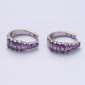White Gold plated Purple Baguette Lined 20mm Huggie Earrings | Q254 - DLUXCA