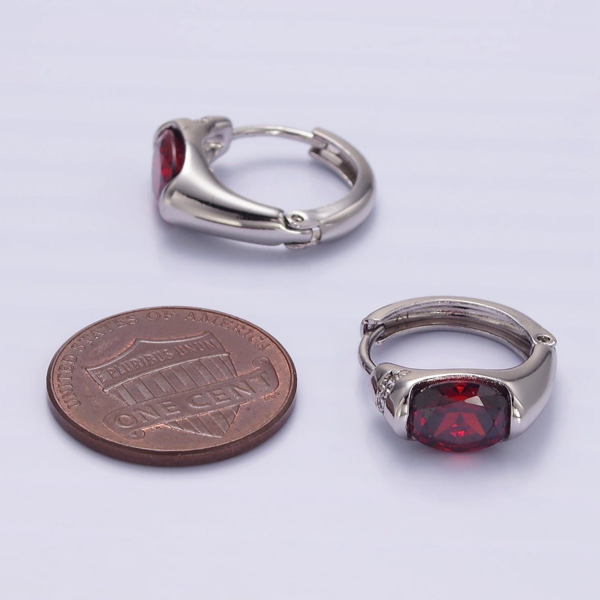 White Gold plated Red CZ Micro Paved 15mm Huggie Earrings | Q274 - DLUXCA