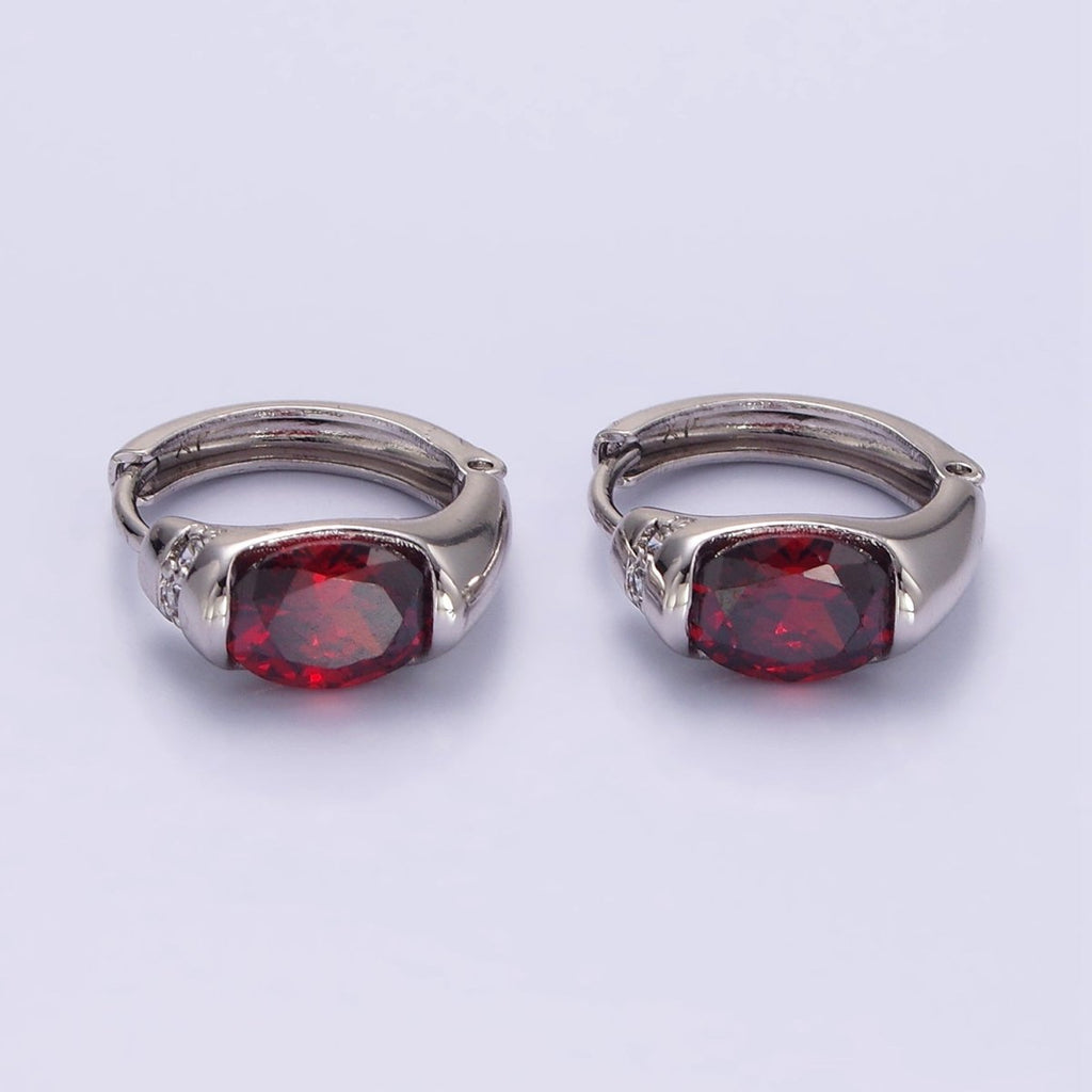 White Gold plated Red CZ Micro Paved 15mm Huggie Earrings | Q274 - DLUXCA