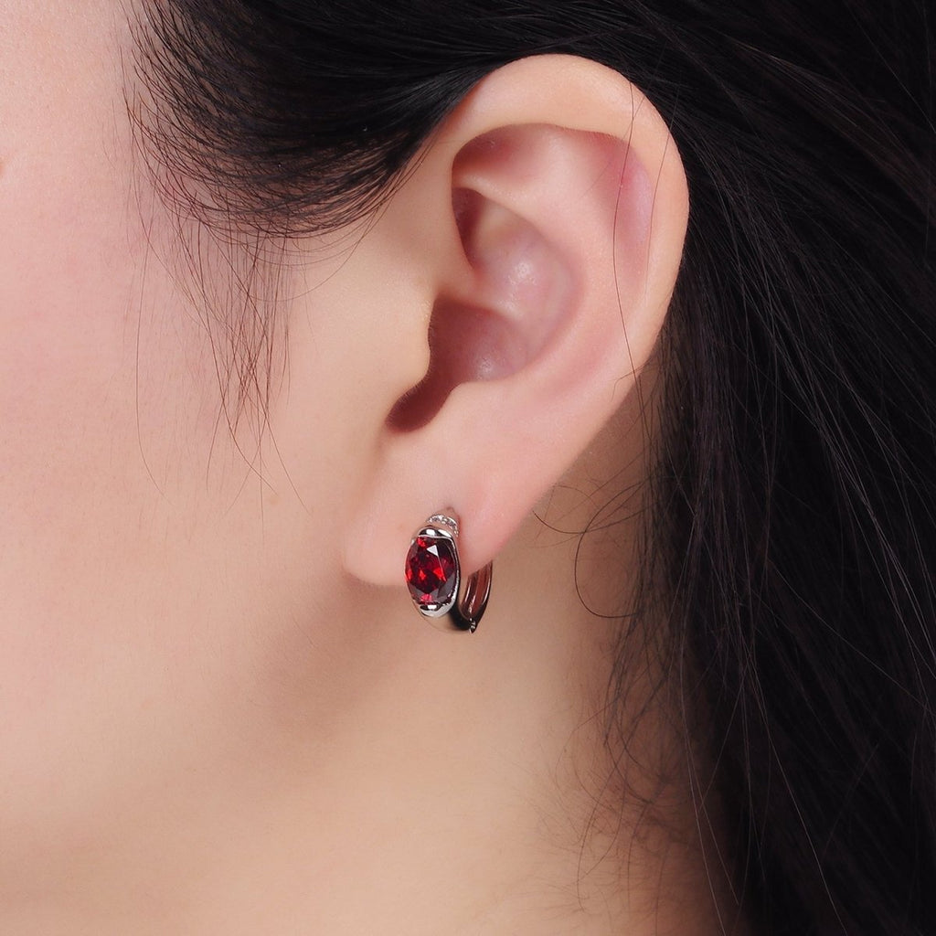 White Gold plated Red CZ Micro Paved 15mm Huggie Earrings | Q274 - DLUXCA