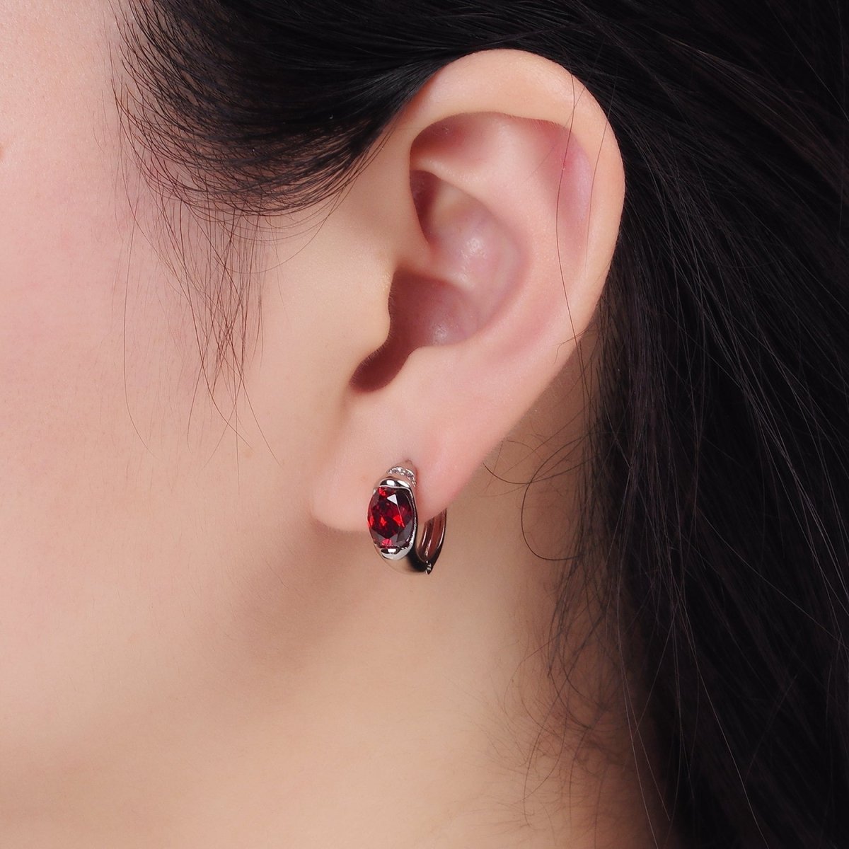 White Gold plated Red CZ Micro Paved 15mm Huggie Earrings | Q274 - DLUXCA