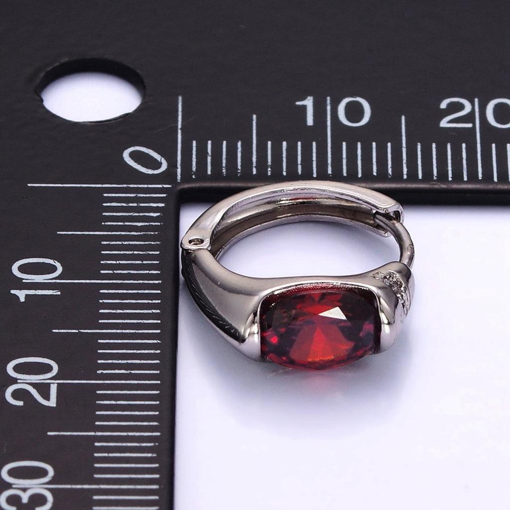 White Gold plated Red CZ Micro Paved 15mm Huggie Earrings | Q274 - DLUXCA