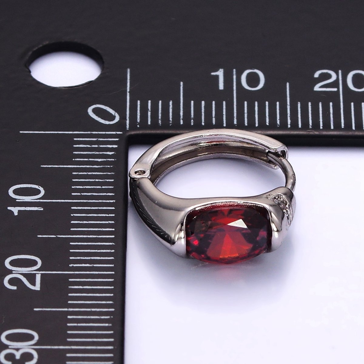 White Gold plated Red CZ Micro Paved 15mm Huggie Earrings | Q274 - DLUXCA