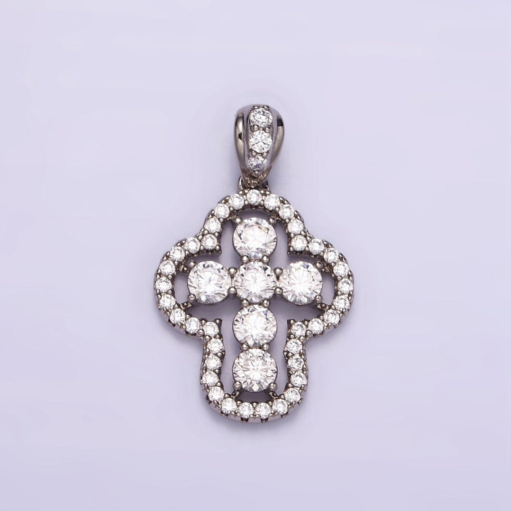 White Gold plated Religious Cross Clear CZ Micro Paved Open Bezel Bail Pendant | I382 - DLUXCA