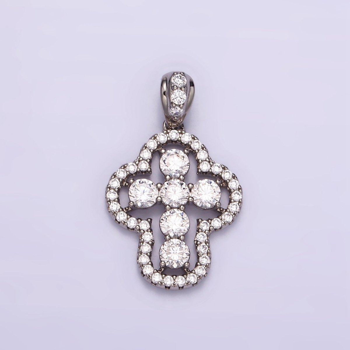 White Gold plated Religious Cross Clear CZ Micro Paved Open Bezel Bail Pendant | I382 - DLUXCA