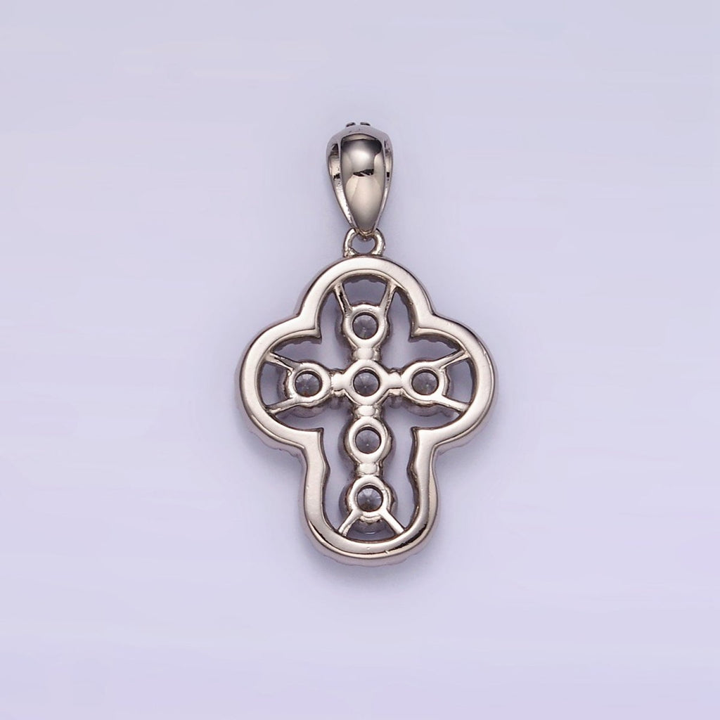 White Gold plated Religious Cross Clear CZ Micro Paved Open Bezel Bail Pendant | I382 - DLUXCA