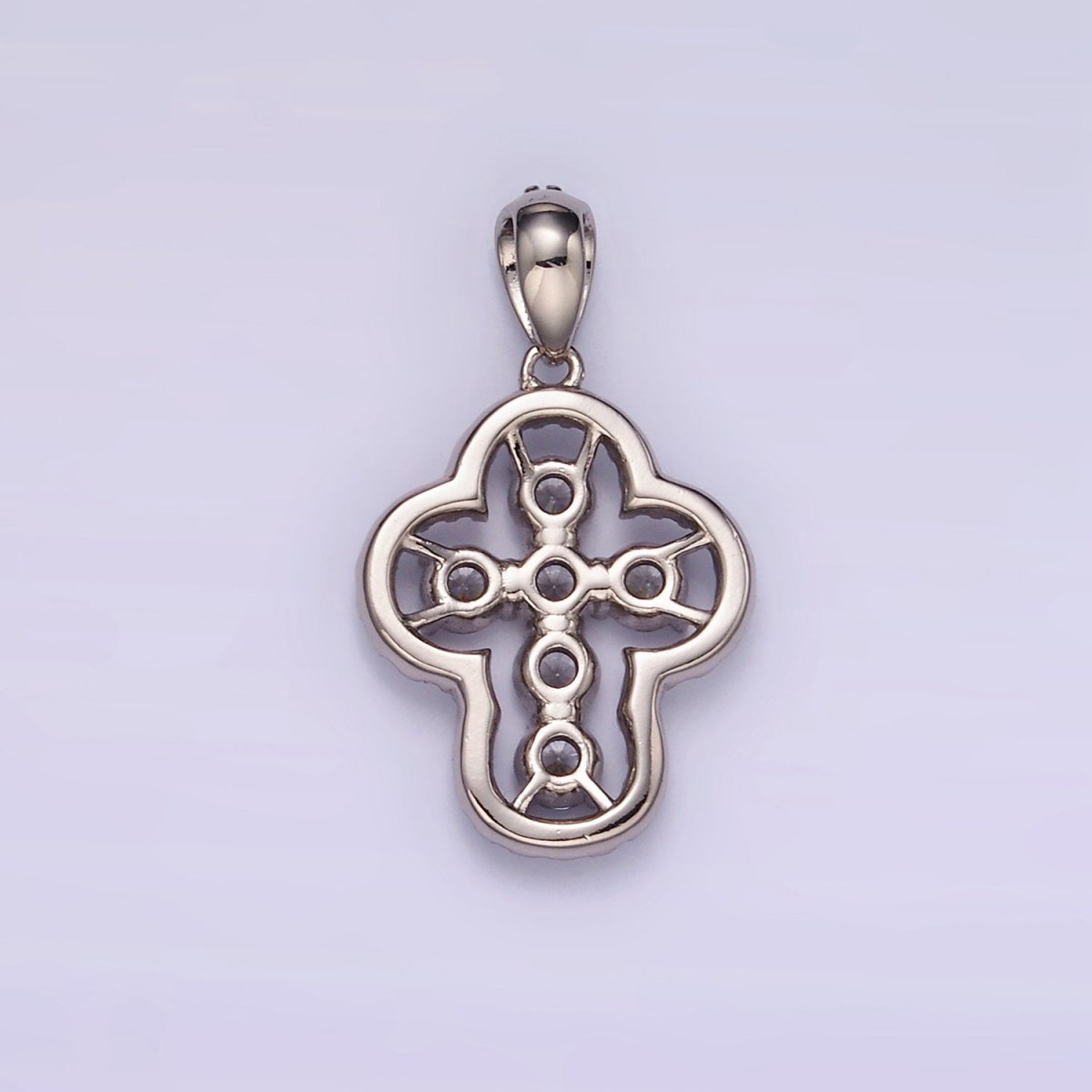 White Gold plated Religious Cross Clear CZ Micro Paved Open Bezel Bail Pendant | I382 - DLUXCA