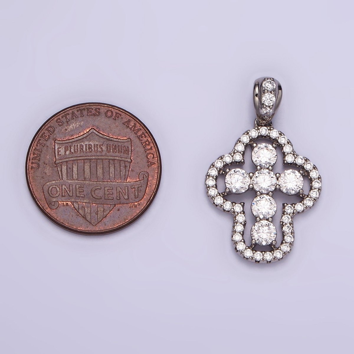 White Gold plated Religious Cross Clear CZ Micro Paved Open Bezel Bail Pendant | I382 - DLUXCA