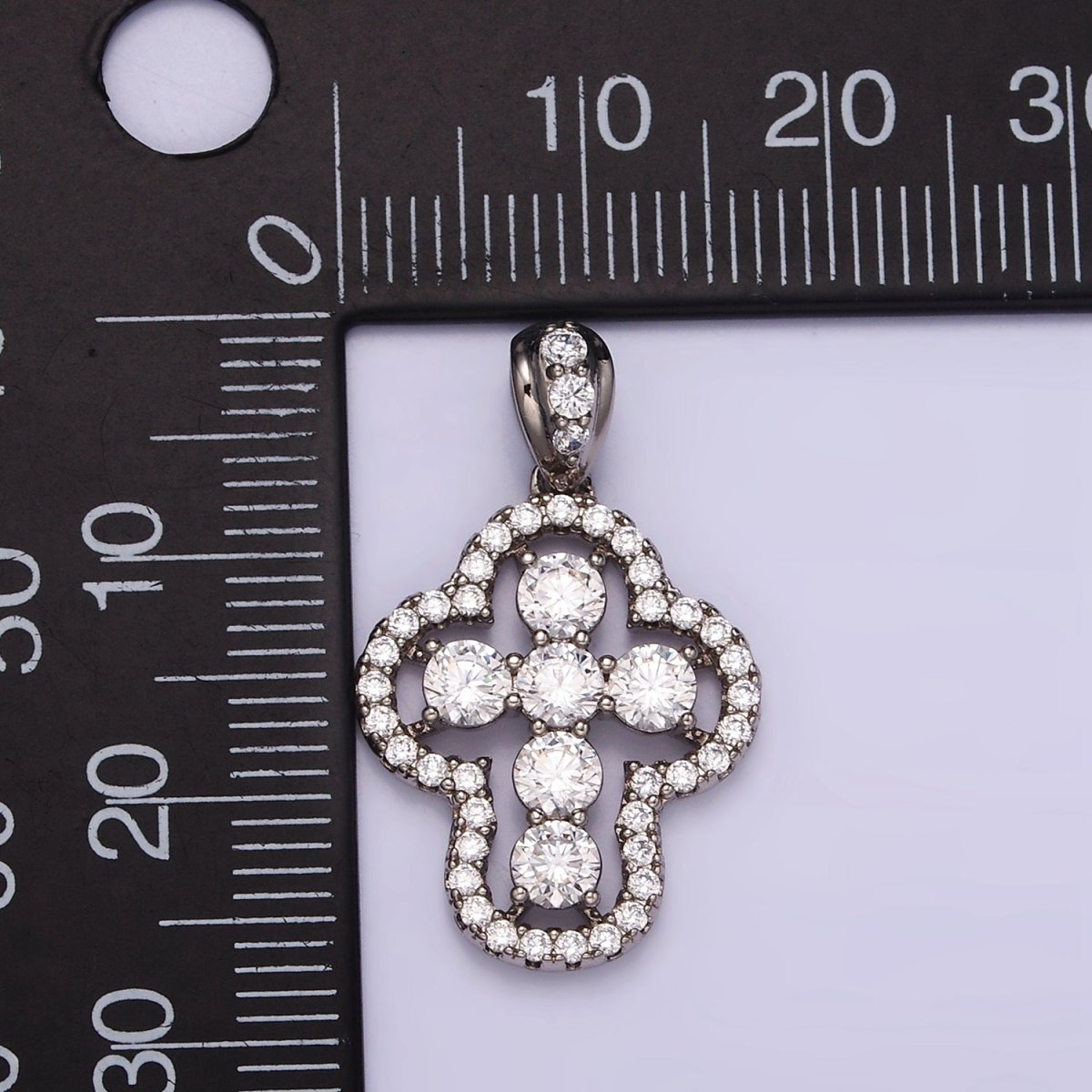 White Gold plated Religious Cross Clear CZ Micro Paved Open Bezel Bail Pendant | I382 - DLUXCA