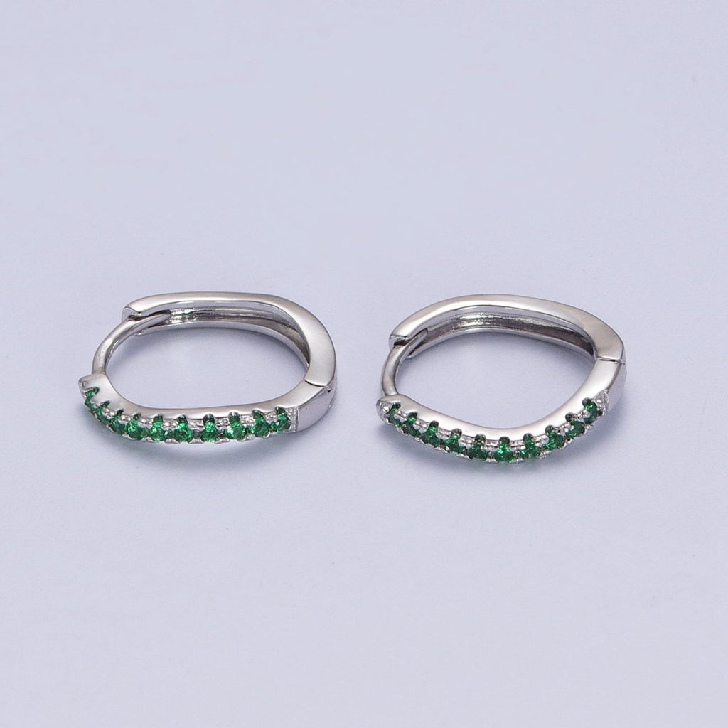 White Gold plated Rhombus Huggie Green Micro Paved CZ Lined Hoop Earrings P-498 - DLUXCA