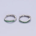 White Gold plated Rhombus Huggie Green Micro Paved CZ Lined Hoop Earrings P-498 - DLUXCA