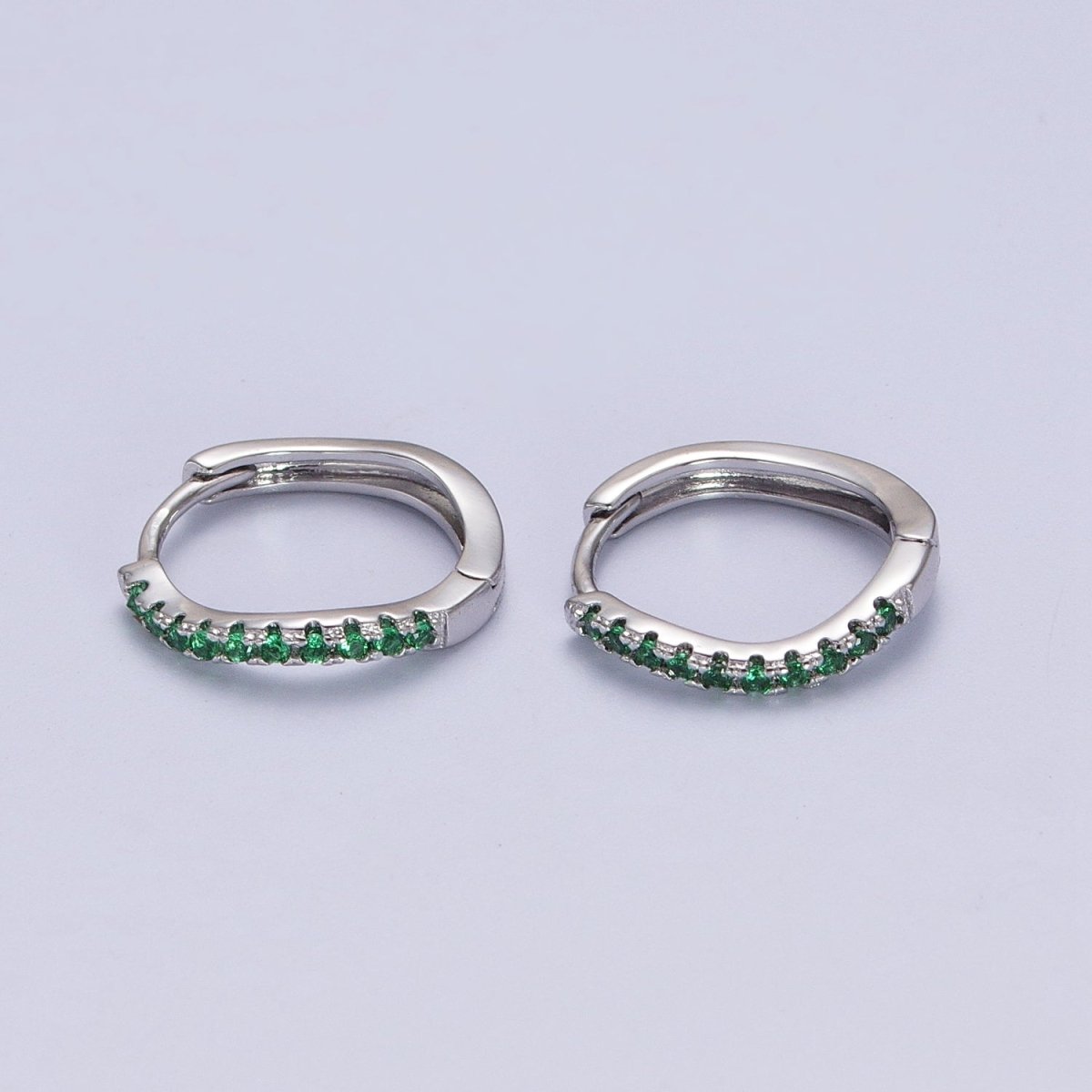 White Gold plated Rhombus Huggie Green Micro Paved CZ Lined Hoop Earrings P-498 - DLUXCA