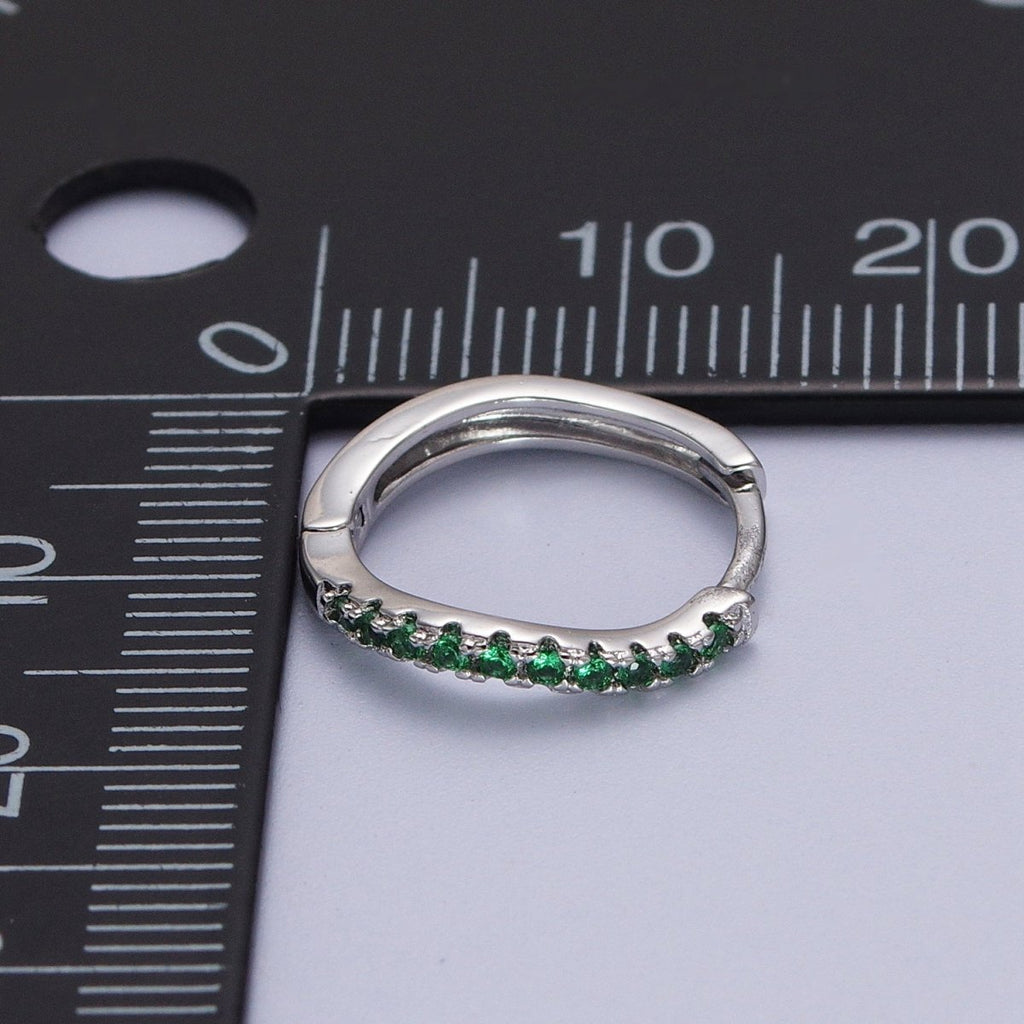 White Gold plated Rhombus Huggie Green Micro Paved CZ Lined Hoop Earrings P-498 - DLUXCA