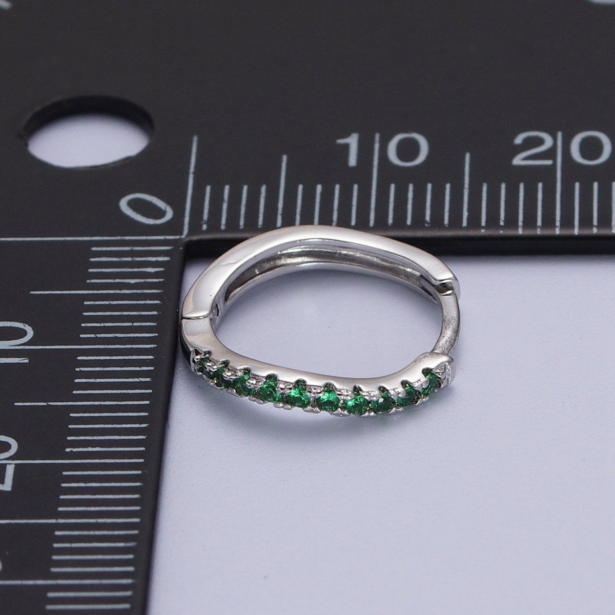 White Gold plated Rhombus Huggie Green Micro Paved CZ Lined Hoop Earrings P-498 - DLUXCA