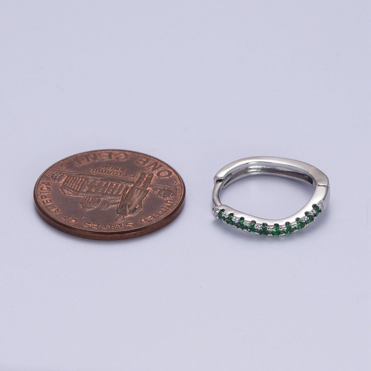 White Gold plated Rhombus Huggie Green Micro Paved CZ Lined Hoop Earrings P-498 - DLUXCA