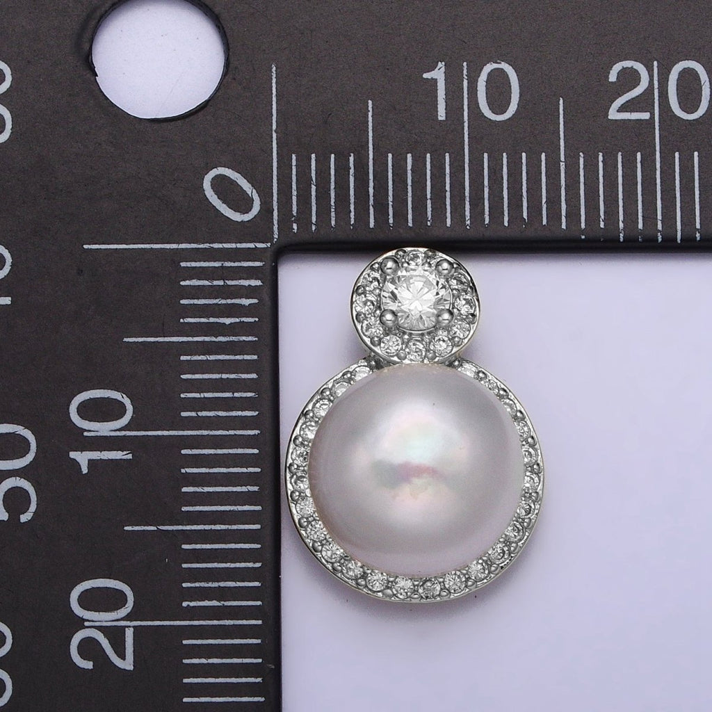 White Gold plated Shell Pearl Round Micro Paved CZ Pendant | P1571 - DLUXCA