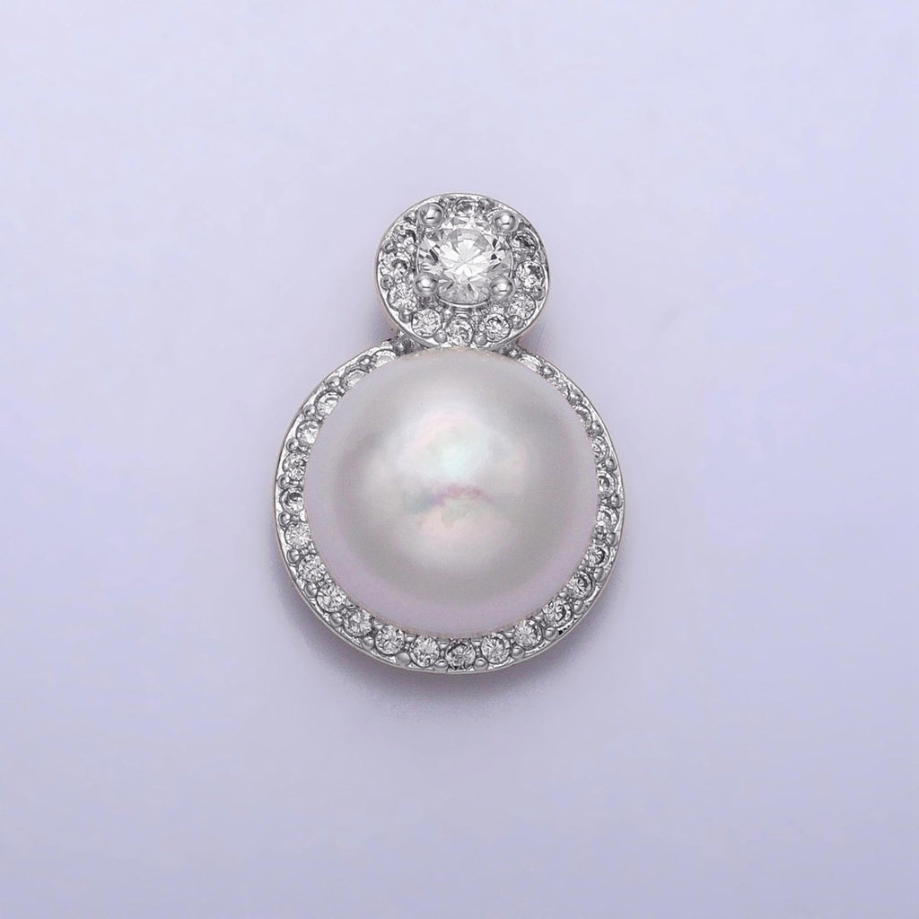 White Gold plated Shell Pearl Round Micro Paved CZ Pendant | P1571 - DLUXCA