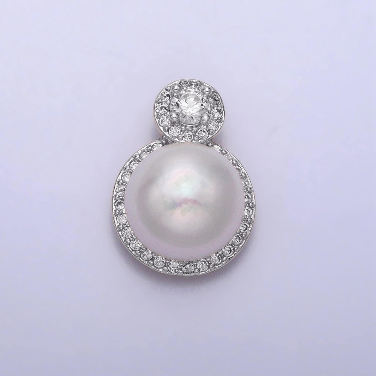 White Gold plated Shell Pearl Round Micro Paved CZ Pendant | P1571 - DLUXCA