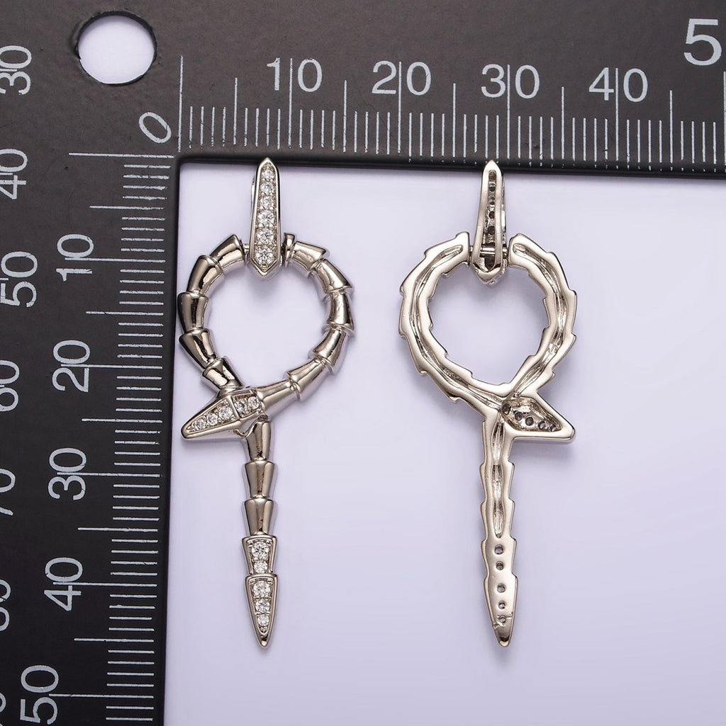 White Gold plated Snake Serpent Circular Lined Staff Micro Paved Bail Pendant | AA1122 - DLUXCA