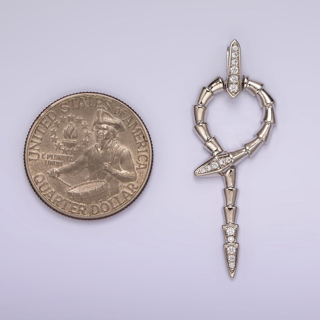 White Gold plated Snake Serpent Circular Lined Staff Micro Paved Bail Pendant | AA1122 - DLUXCA