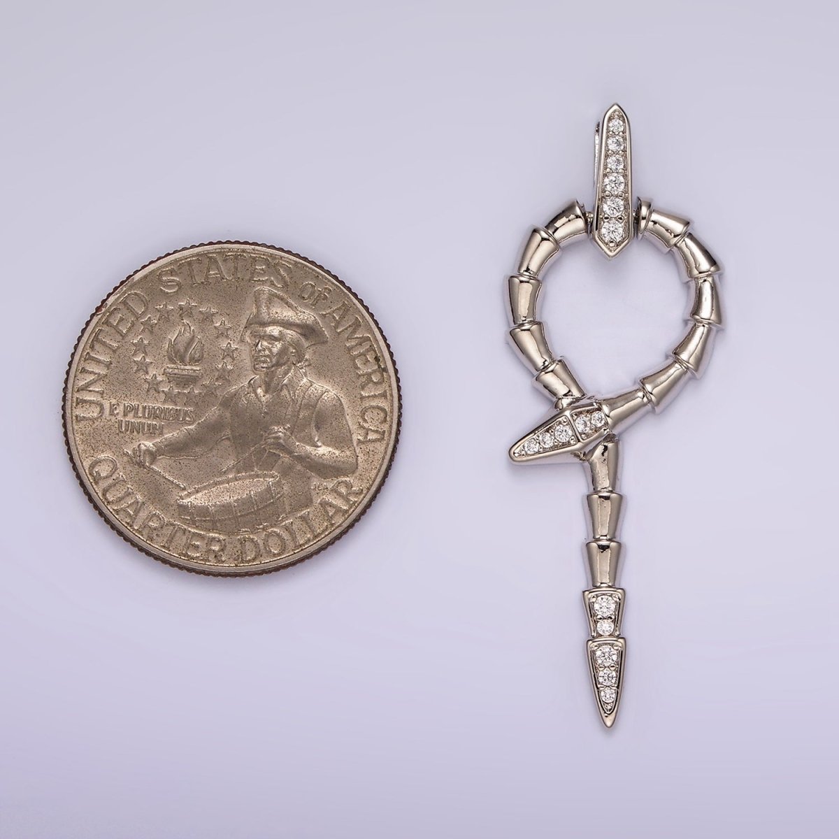 White Gold plated Snake Serpent Circular Lined Staff Micro Paved Bail Pendant | AA1122 - DLUXCA