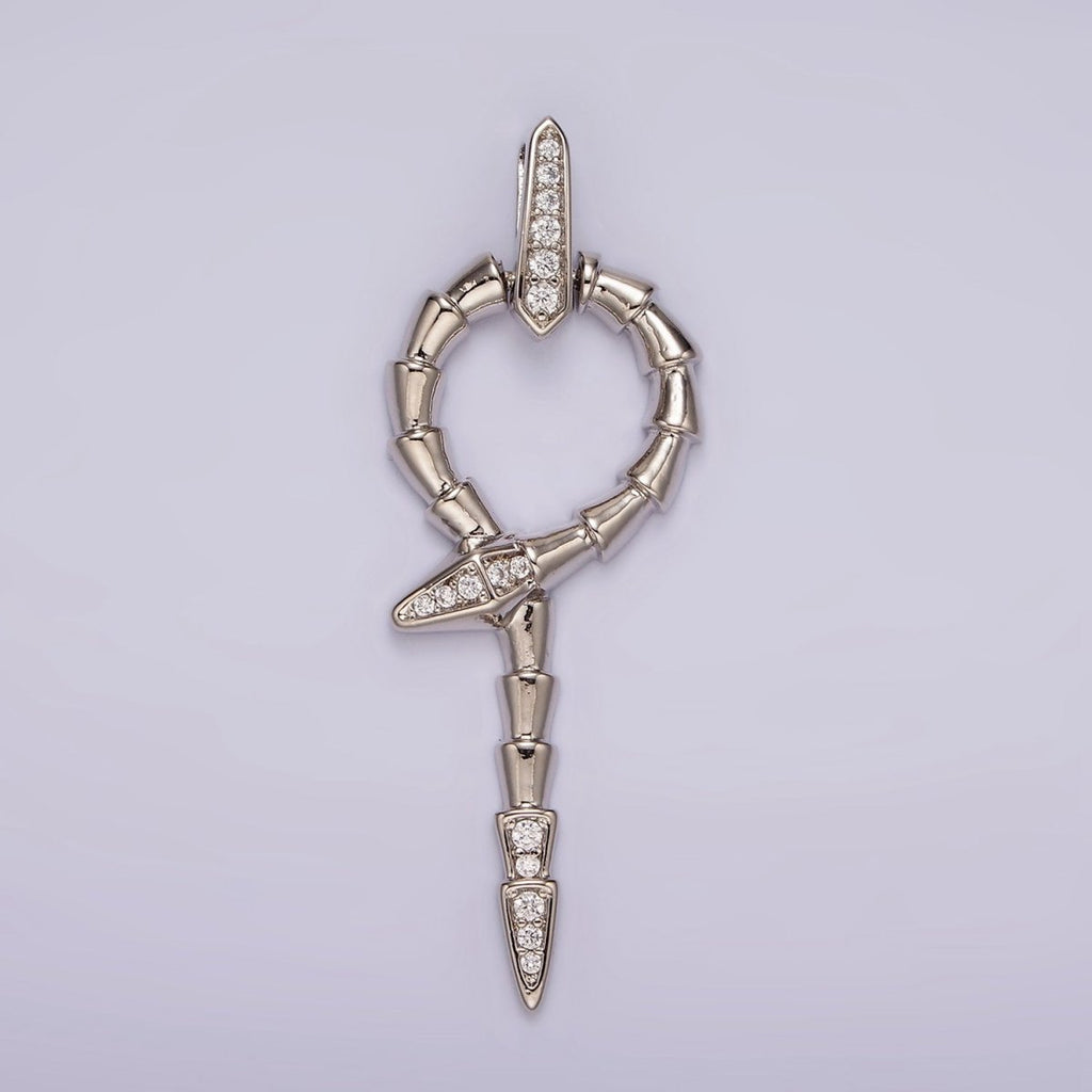 White Gold plated Snake Serpent Circular Lined Staff Micro Paved Bail Pendant | AA1122 - DLUXCA