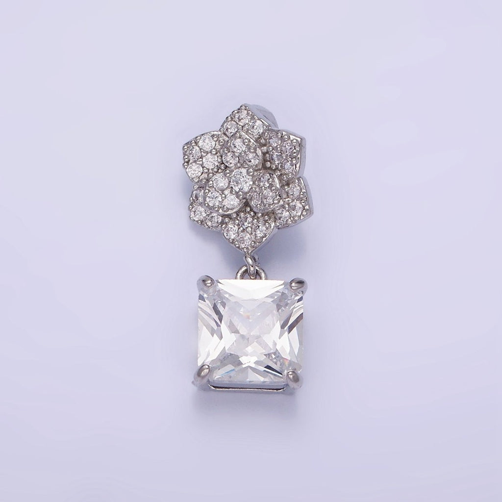 White Gold plated Square CZ Drop Micro Paved Flower Pendant | AA1169 - DLUXCA