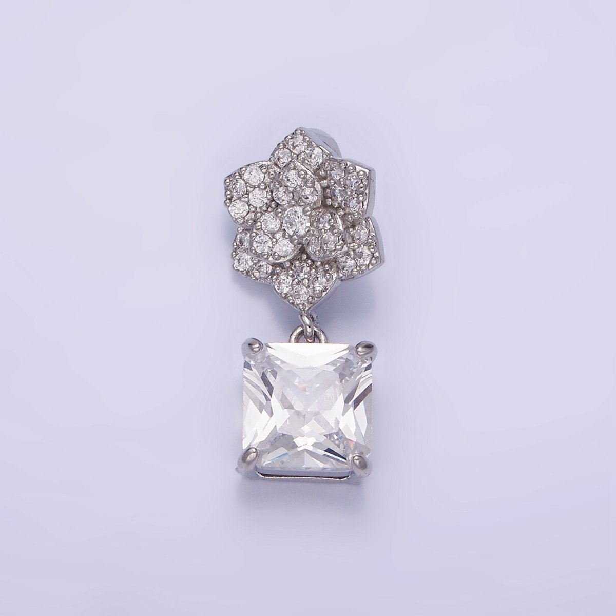 White Gold plated Square CZ Drop Micro Paved Flower Pendant | AA1169 - DLUXCA