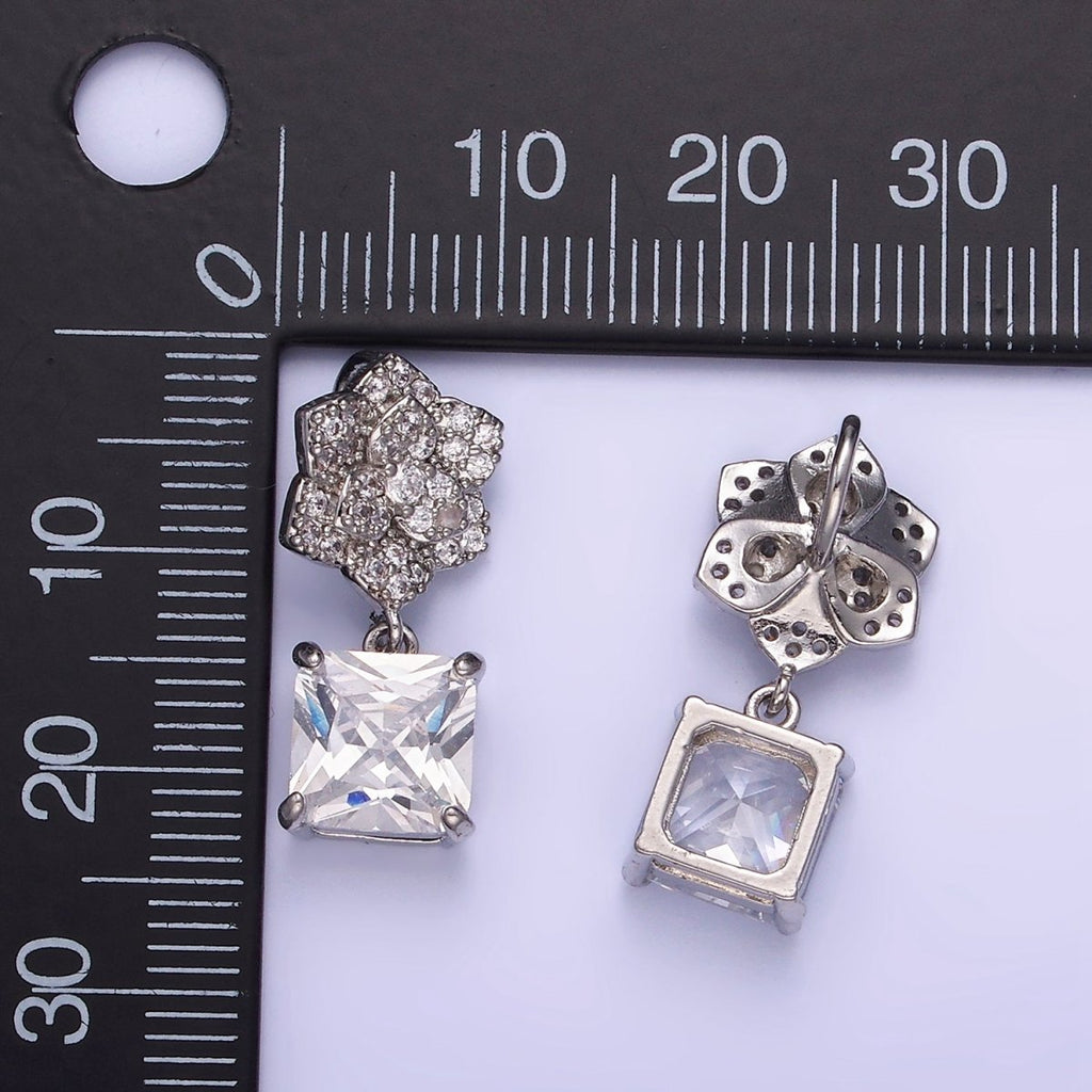 White Gold plated Square CZ Drop Micro Paved Flower Pendant | AA1169 - DLUXCA