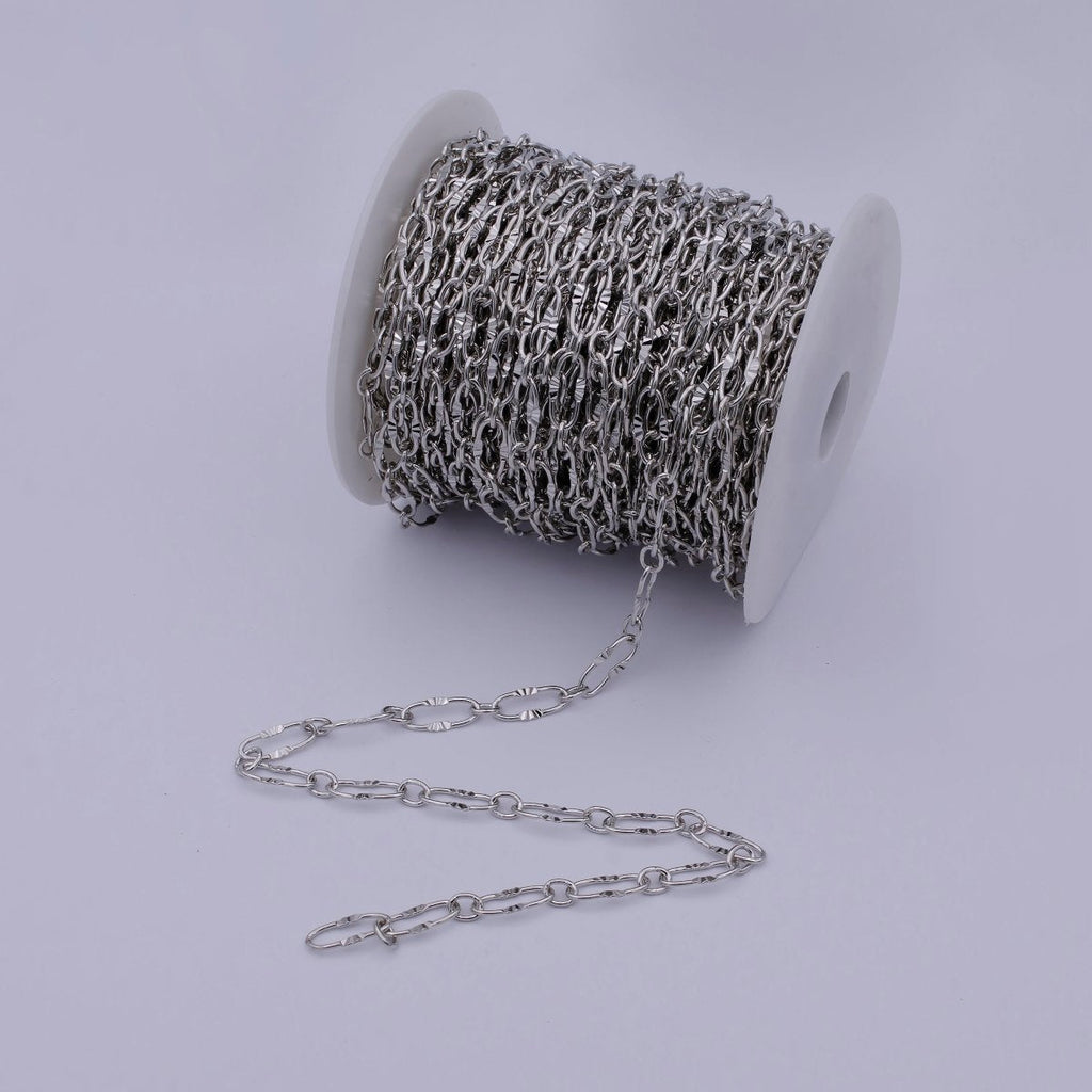 White Gold plated Sunburst Textured Cable Chain, 6.3mm Width, Silver Unfinished Unique Chain For Jewelry Necklace Bracelet Anklet Making | ROLL-589 Clearance Pricing - DLUXCA